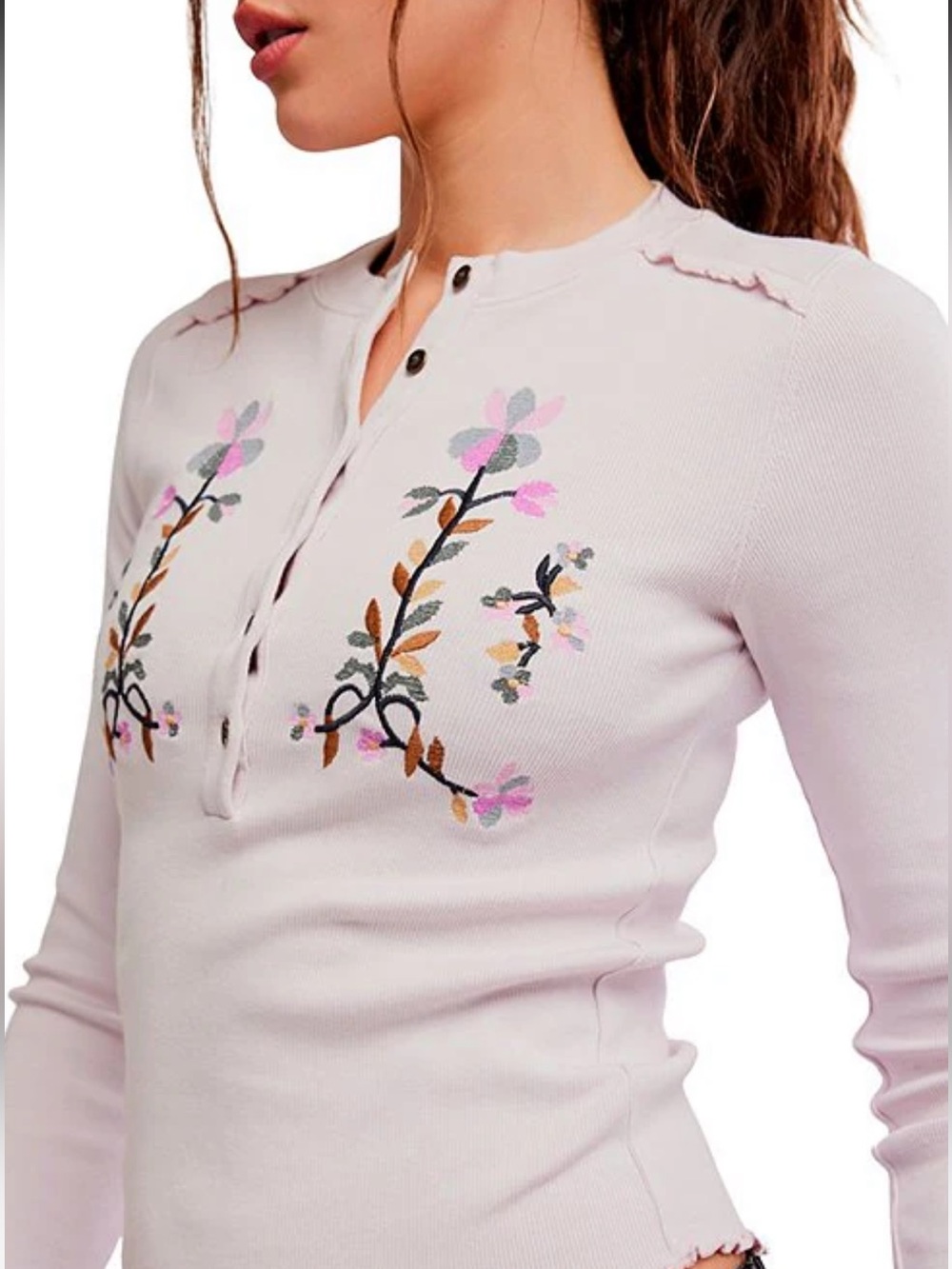 NWT🌷Free People Fleur Embroidered Henley Neck Long Sleeve top